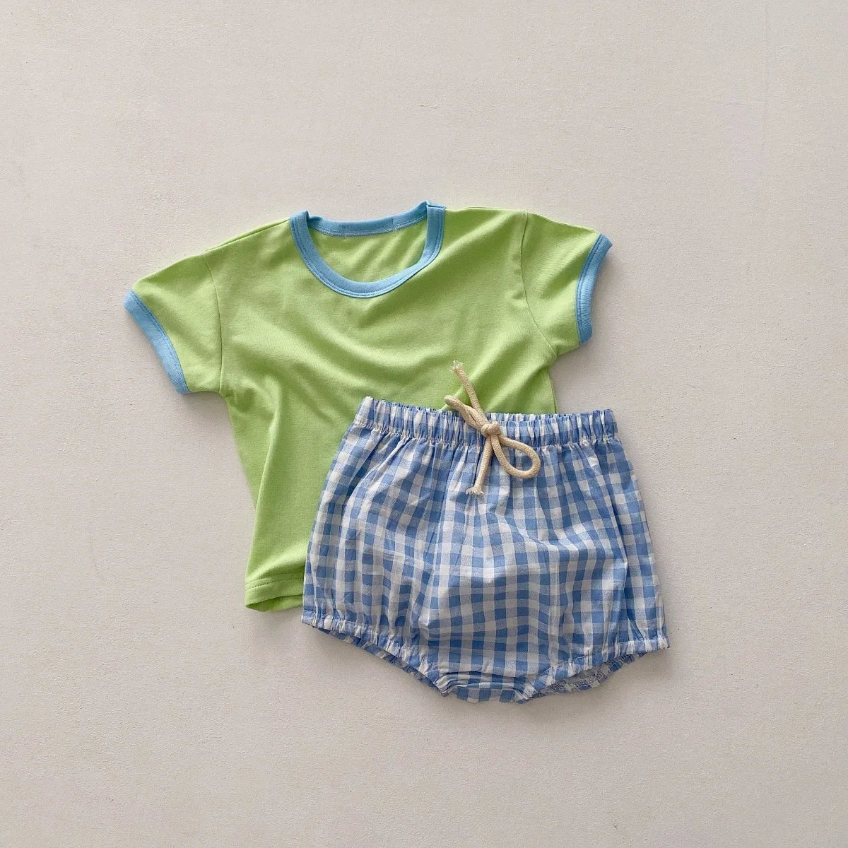 Colorful Tees & Plaid Short Set