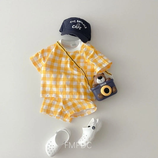 Heart Grid Tee & Plaid Shorts Set