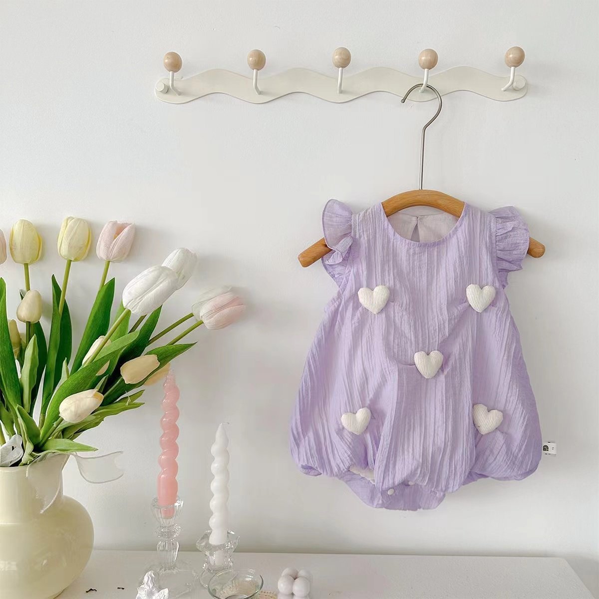 Purple baby bubble romper with soft heart appliqués, ruffle sleeve spring outfit