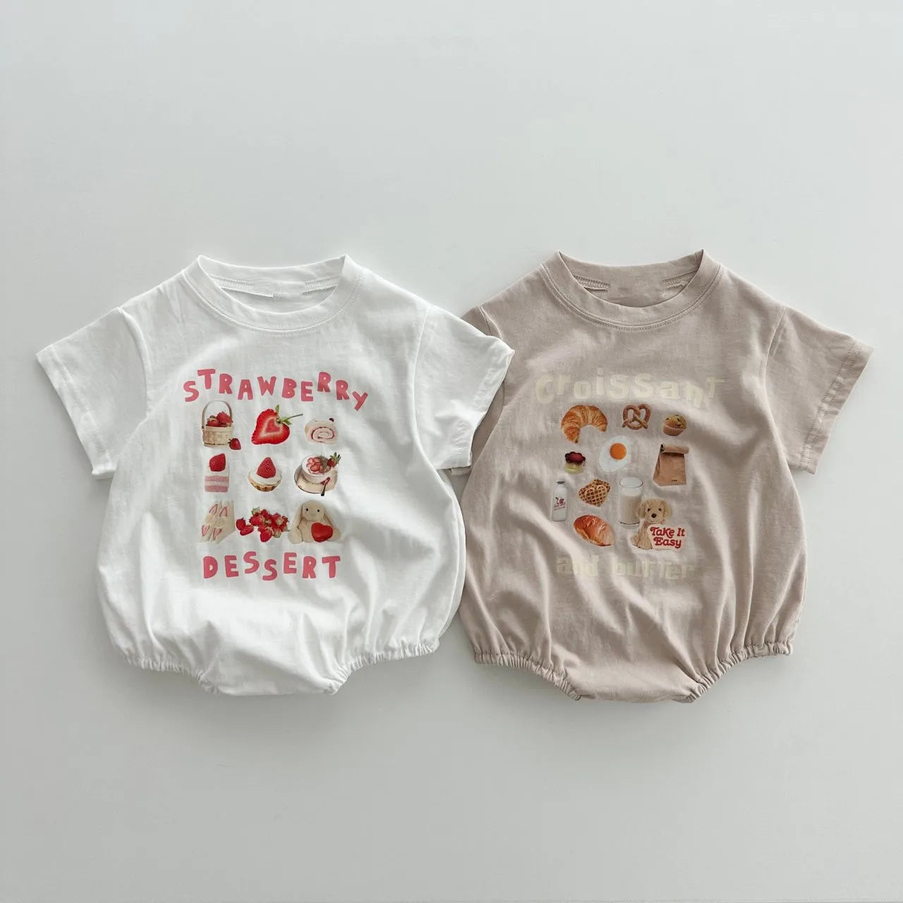 Strawberry and croissant print matching sibling baby bodysuit set
