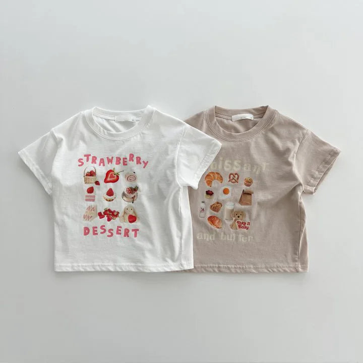 Strawberry and croissant print matching sibling t-shirt set