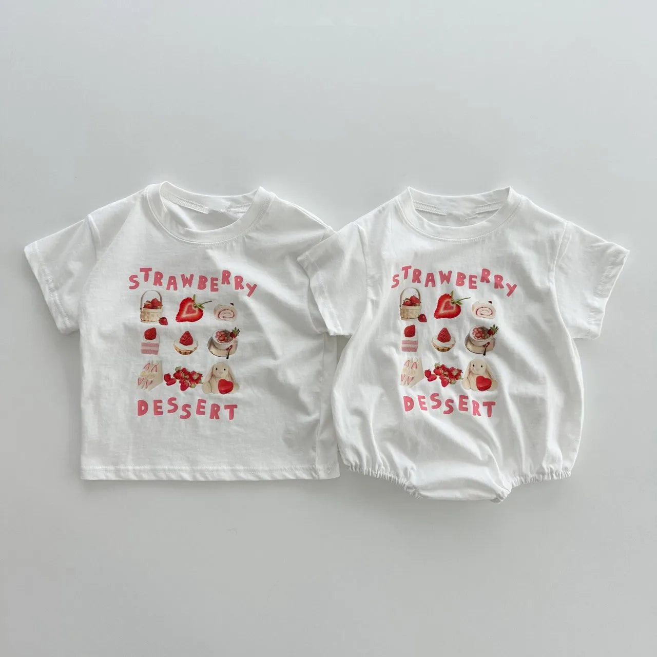 Matching sibling strawberry print t-shirt and baby bodysuit set, white