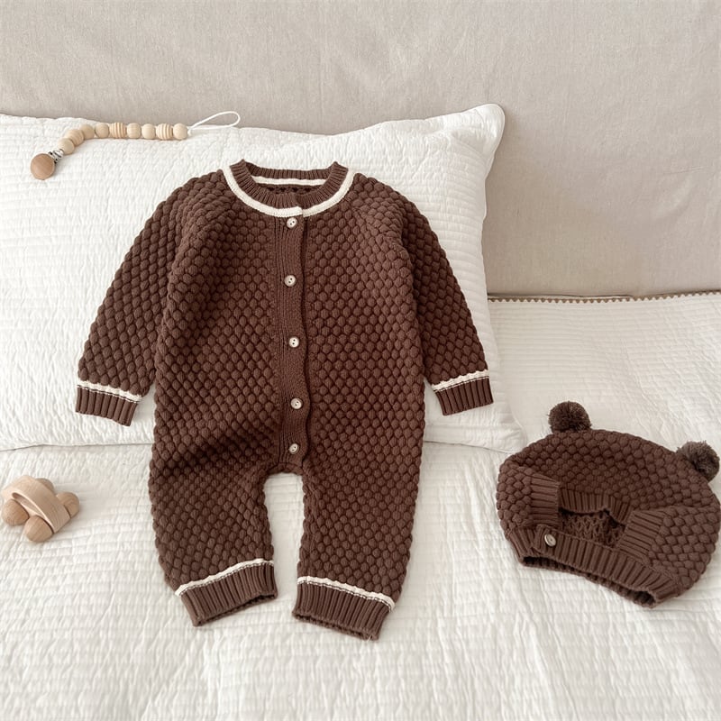 Brown knit baby romper with cream contrast trim and bear hat