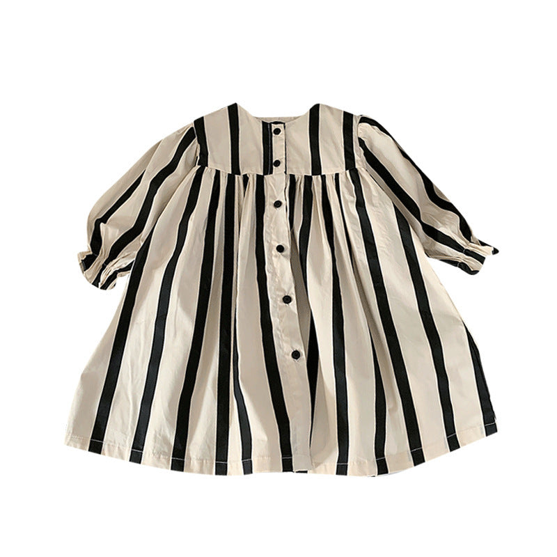 Cotton Multi-meter Girl's Black And White Striped Loose