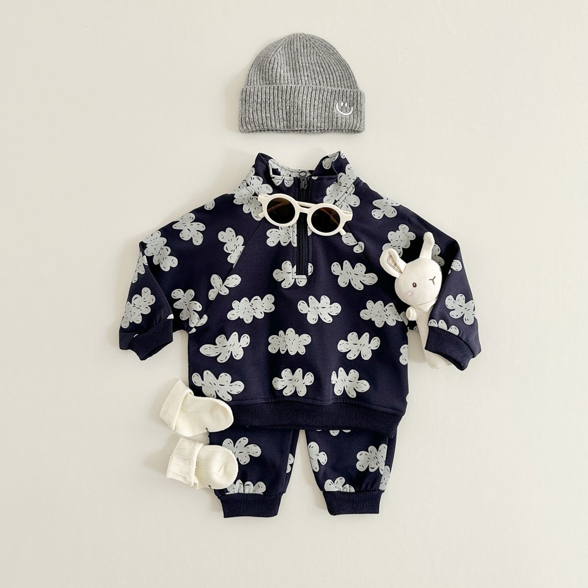 Two-piece Boys' Printed Long-sleeved Half-zip Top