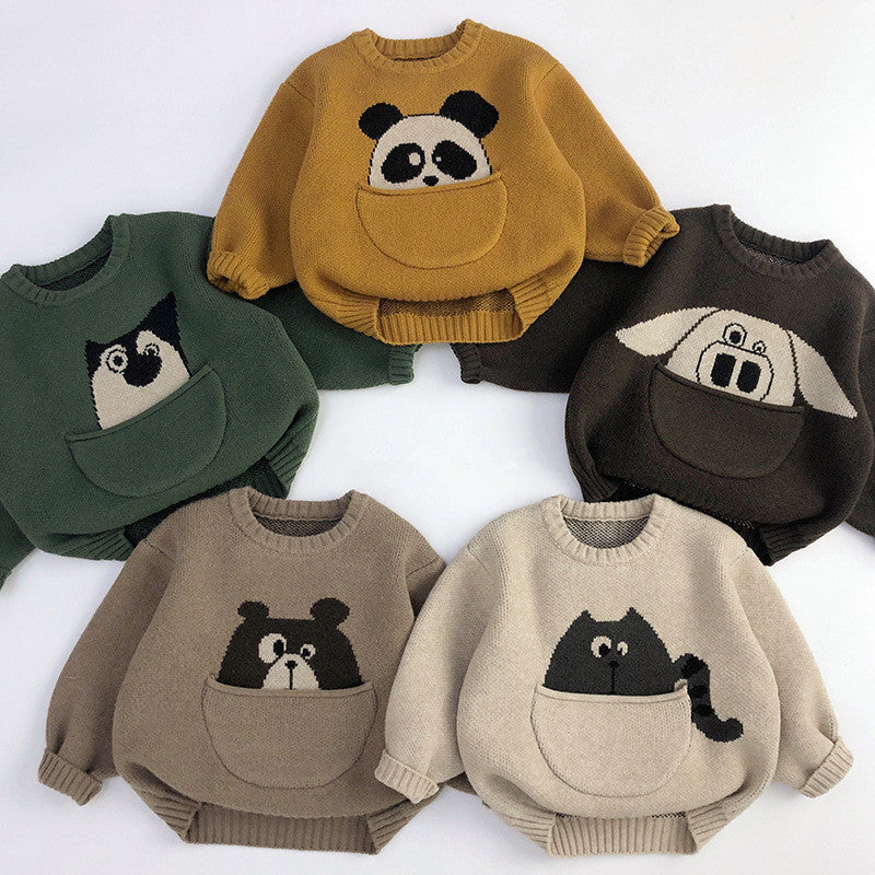 Five animal pocket knit sweaters with panda, cat, dog and bear designs