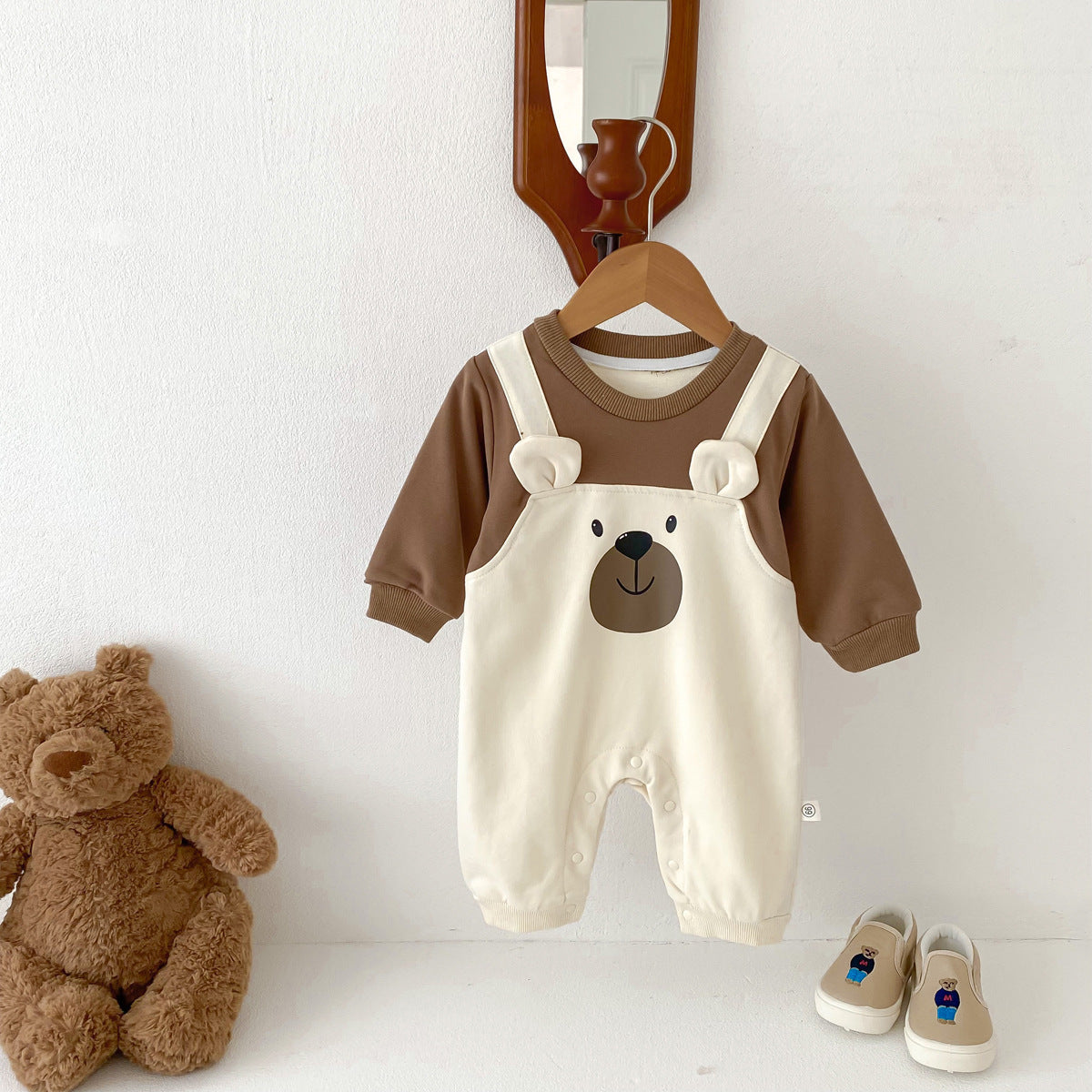 Apricot bear mock overall jumpsuit with brown sleeves