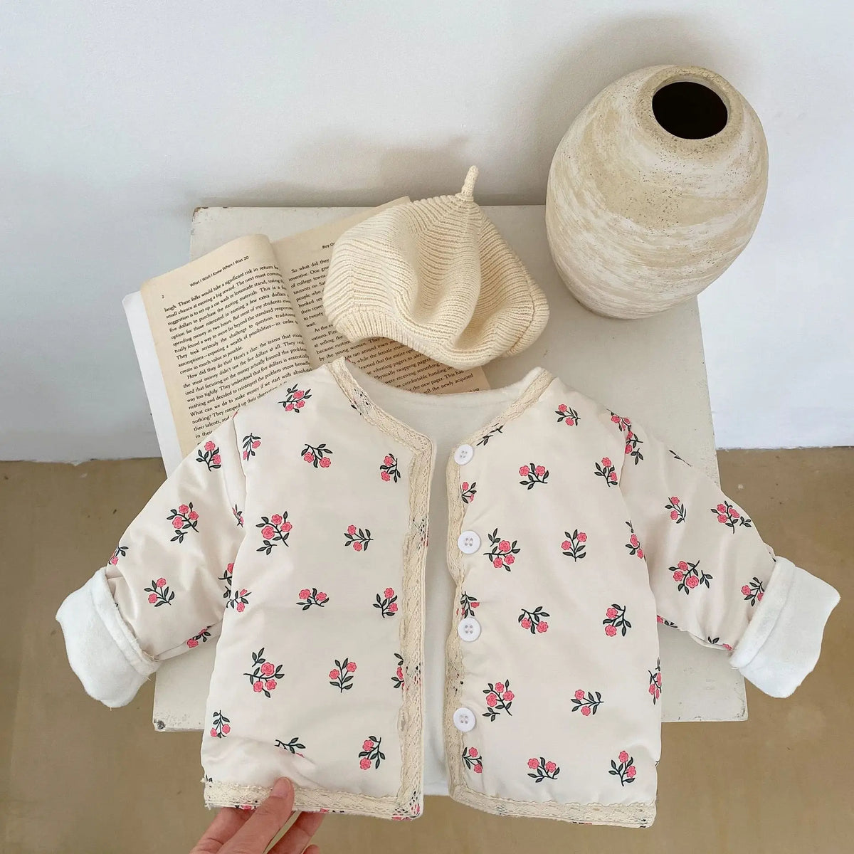 Apricot floral padded jacket with beret