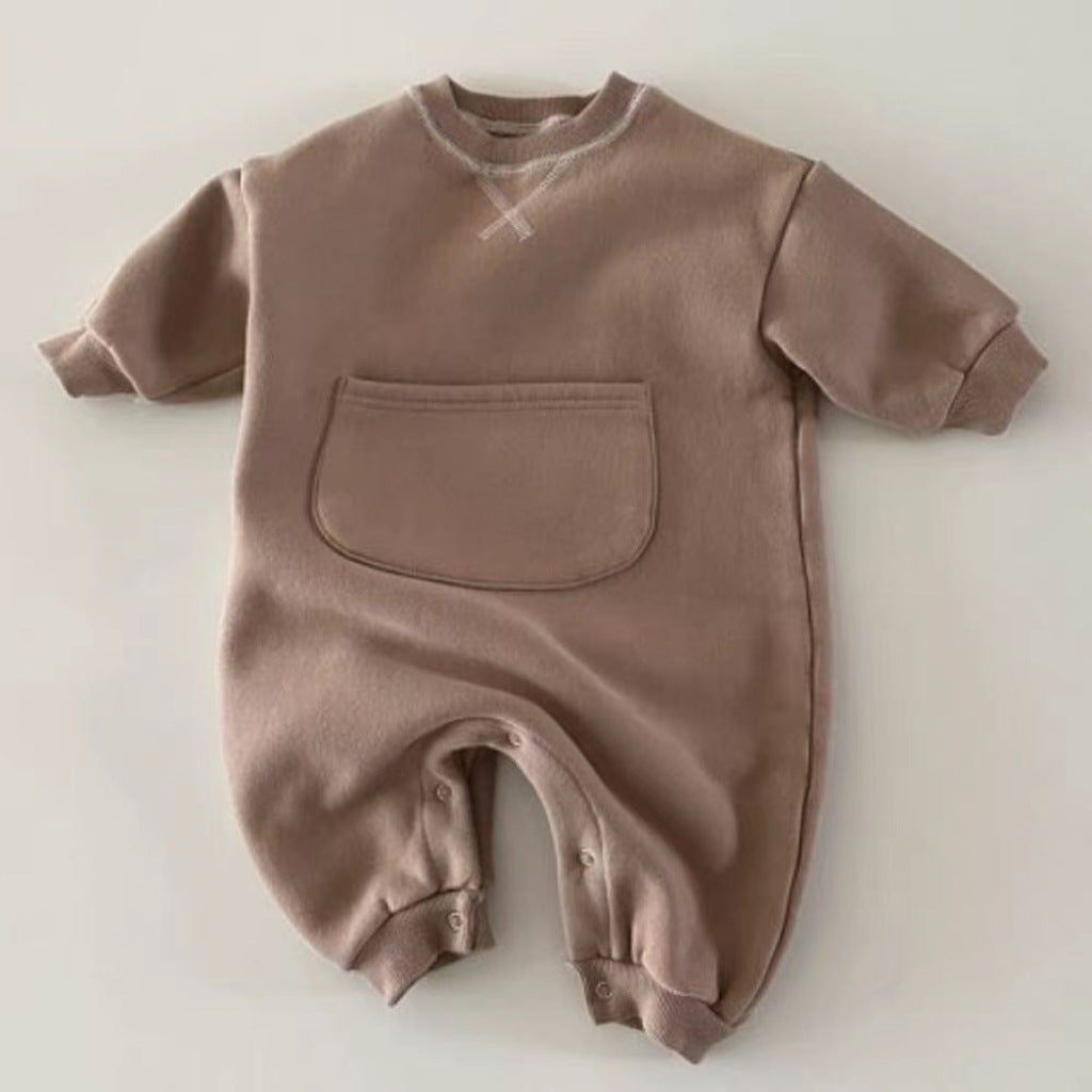 Solid Color Kangaroo Pocket Belly Big Bag Long Sleeve Romper