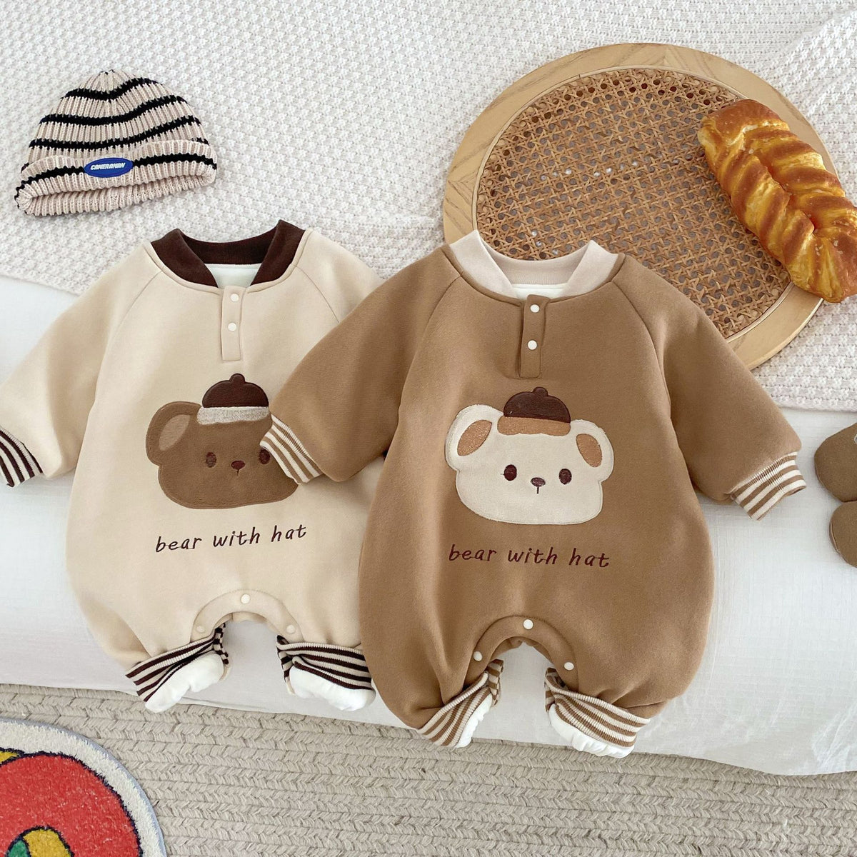 Beige and brown baby bear fleece-lined jumpsuits