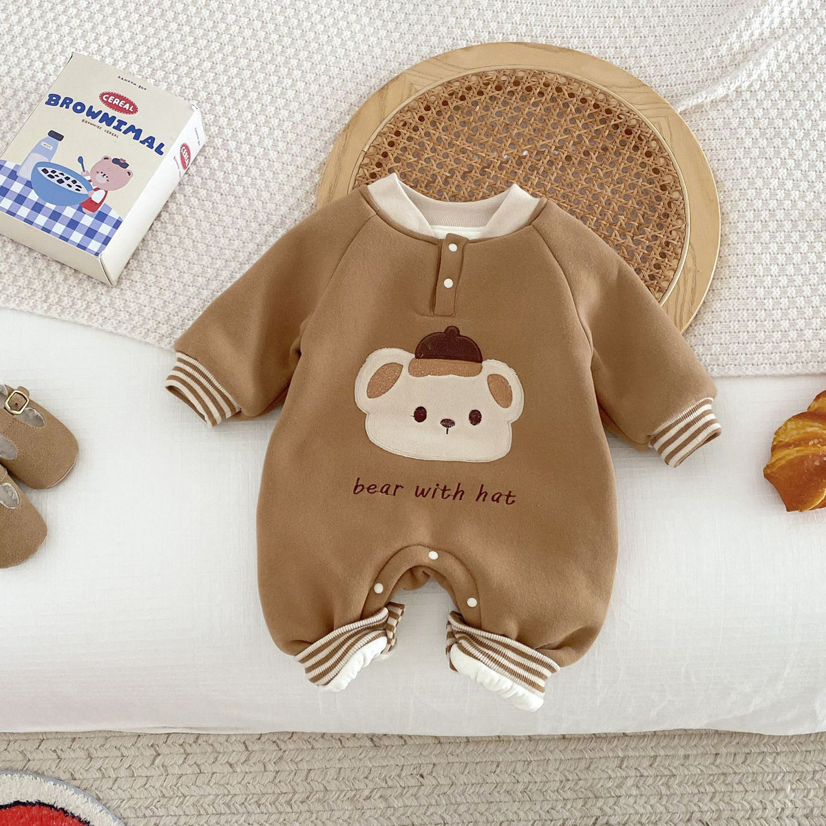Brown baby bear print jumpsuit with striped cuffs