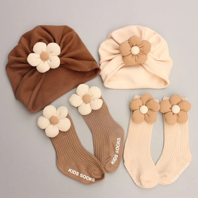 Brown and beige baby flower turban beanie and socks sets