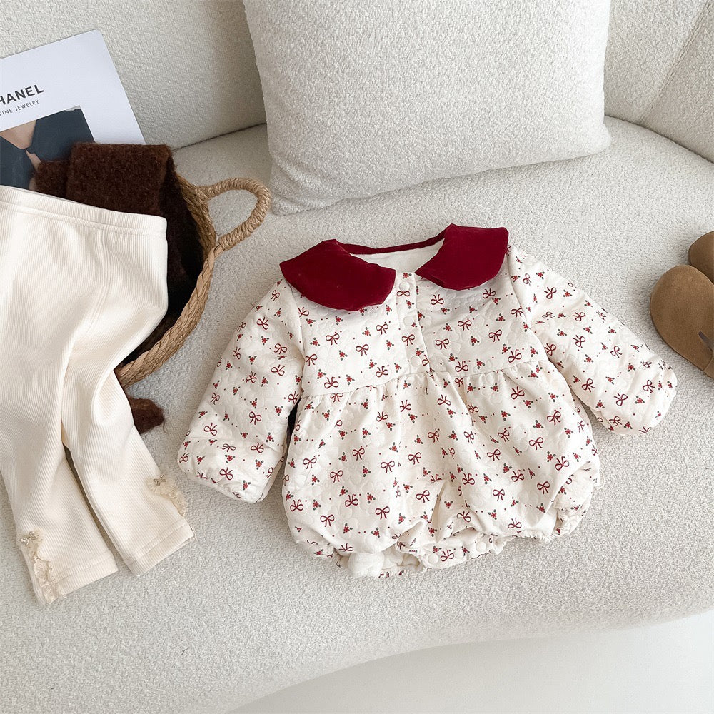 Baby girl bow print bubble romper with red velvet collar