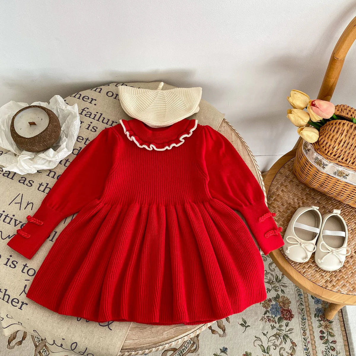 Red knit sweater dress for baby girls with ruffle collar