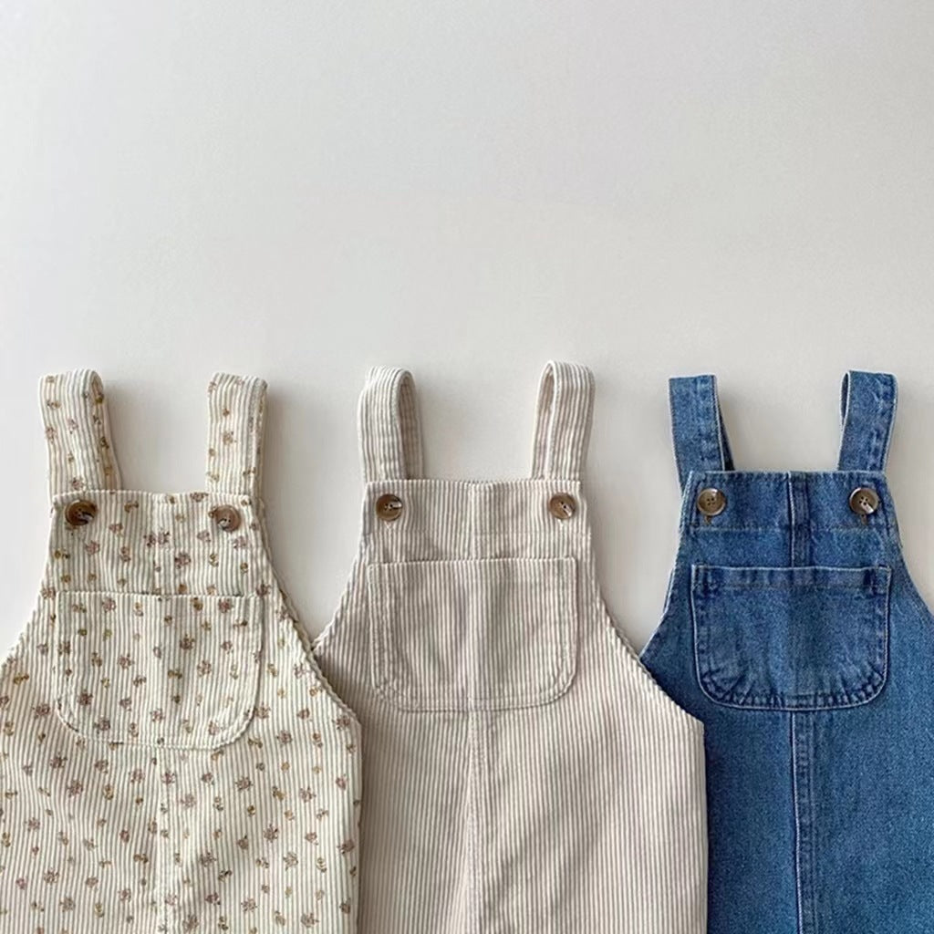 Baby dungarees in floral, beige and denim side by side