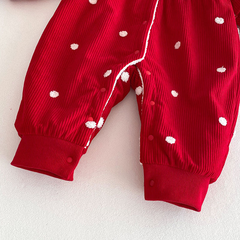 Ribbed ankle cuffs on red polka dot jumpsuit