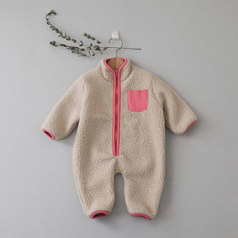 Beige sherpa fleece baby jumpsuit with pink zip and pocket