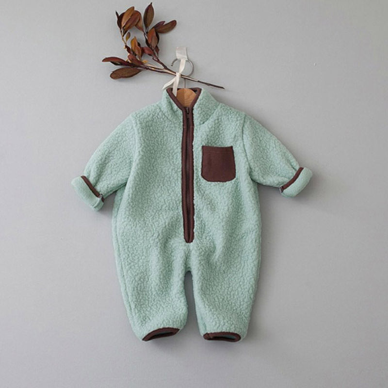 Mint green sherpa fleece baby jumpsuit with brown zip