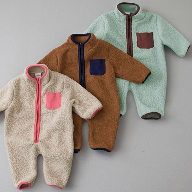 Beige, brown and green baby sherpa fleece jumpsuits