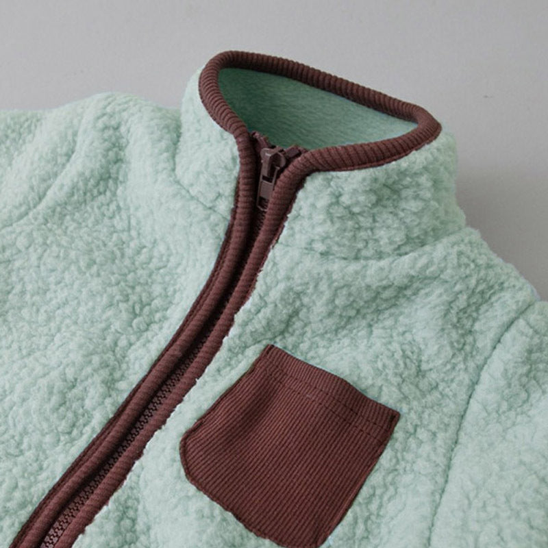 Stand collar and zip on green sherpa jumpsuit