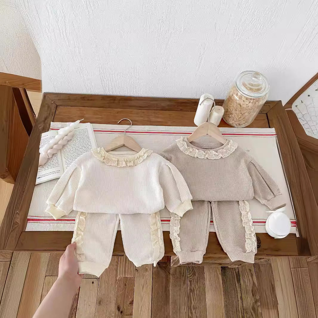 Beige and brown frill trim baby sweater and jogger sets