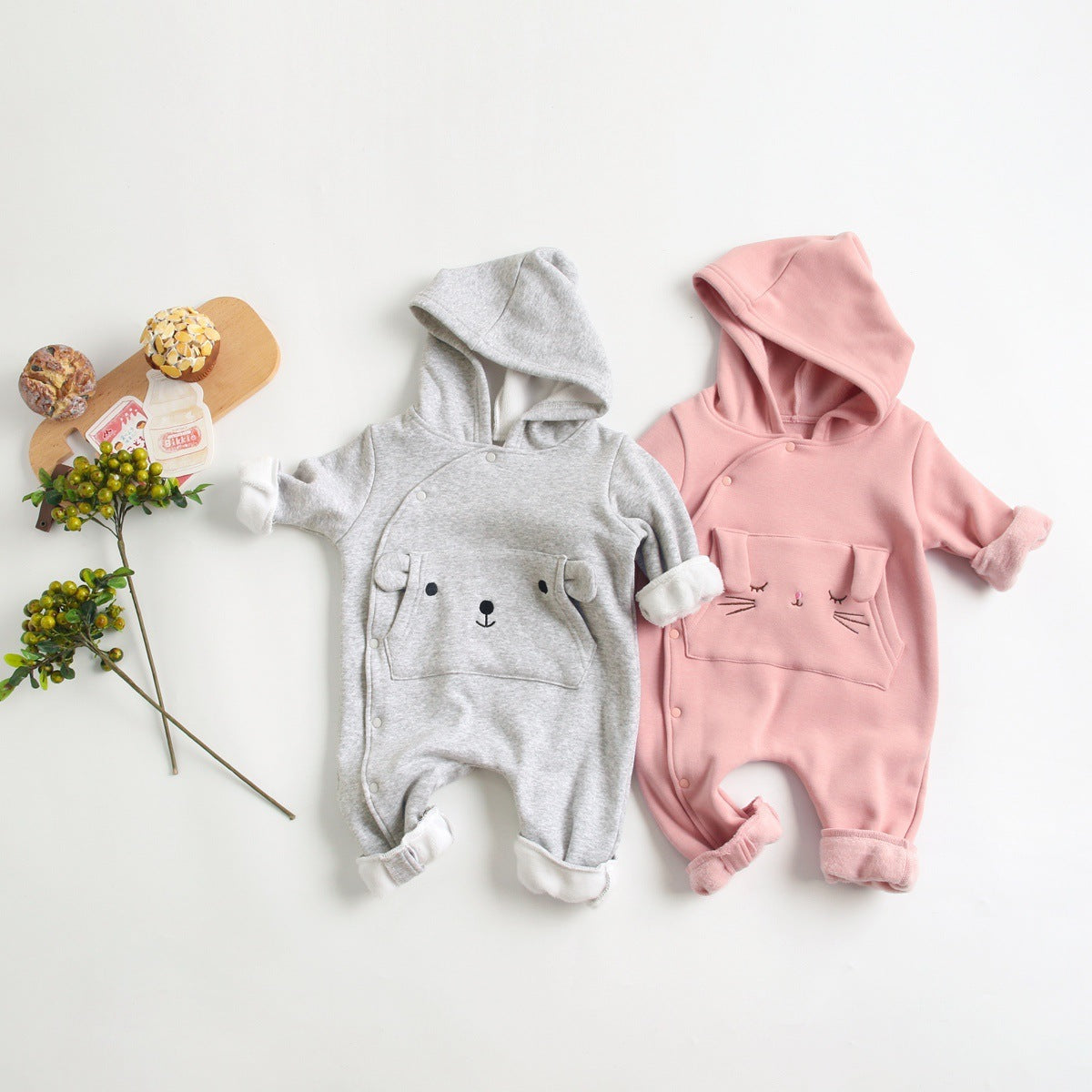 Gray bear and pink bunny hooded baby jumpsuits