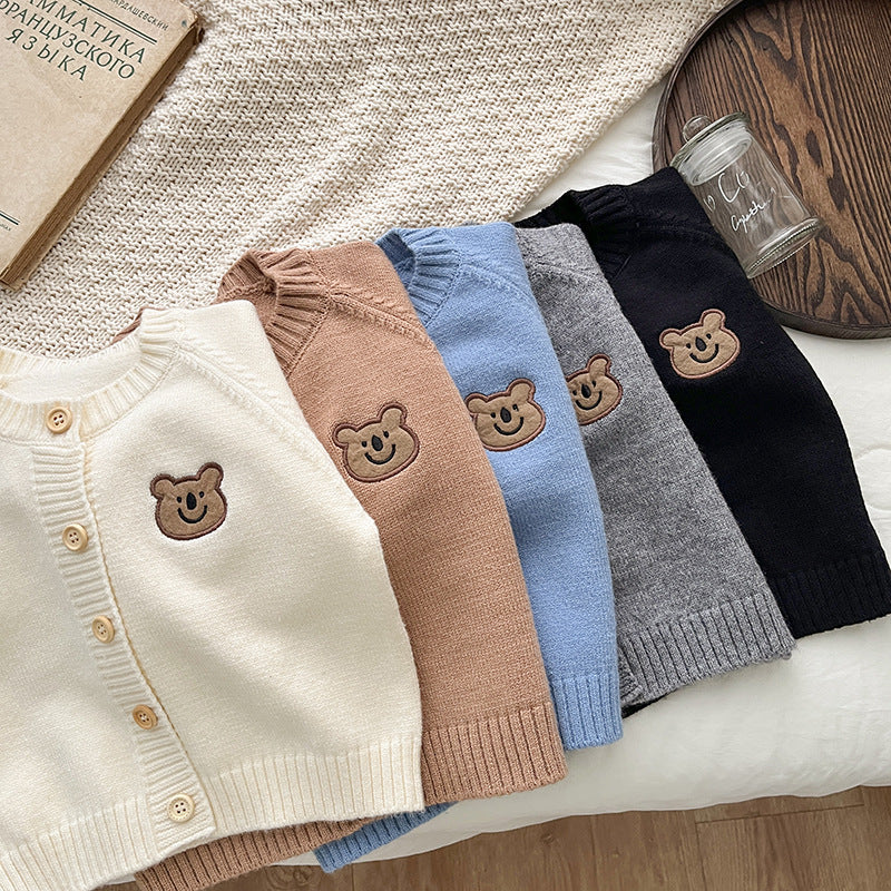 Stacked bear patch cardigans in five colours