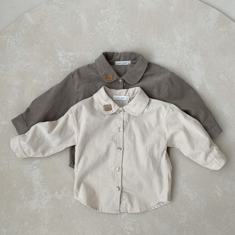 Beige and gray Peter Pan collar baby shirts with bear embroidery
