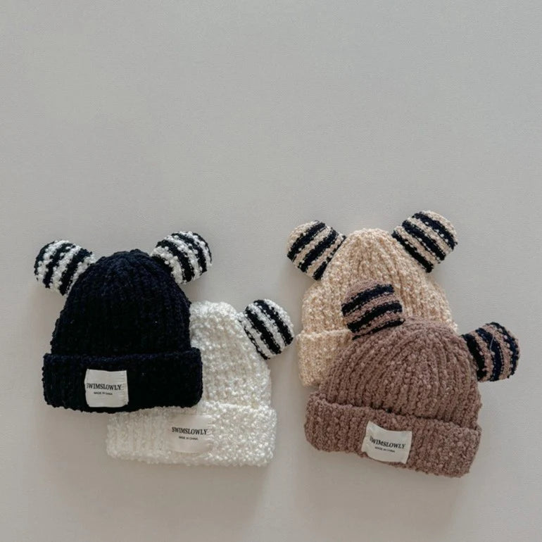 Group of bear ear knit baby beanies