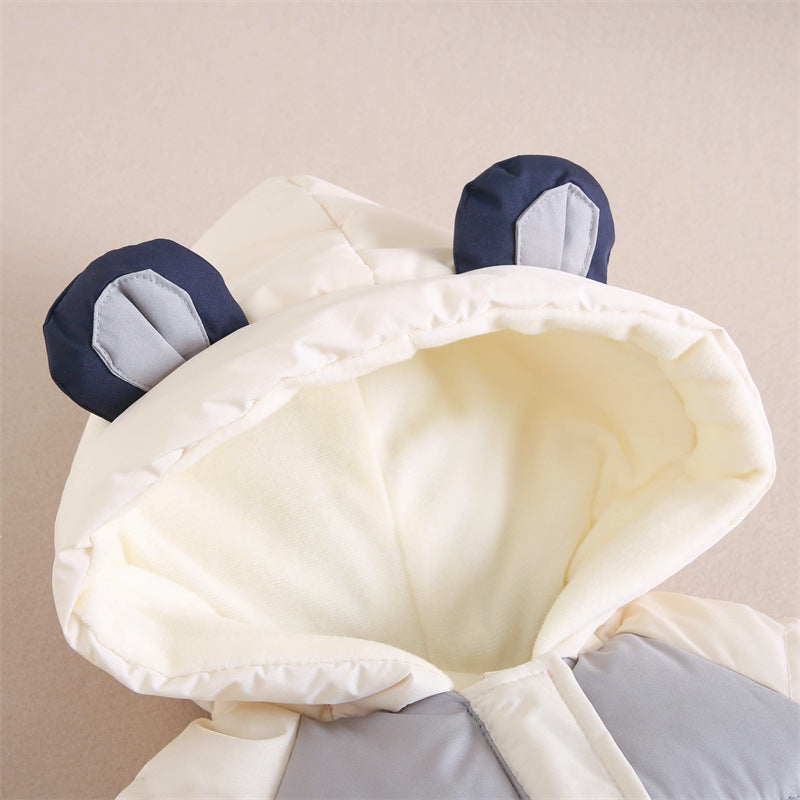 Close-up of bear ear hood with fleece lining