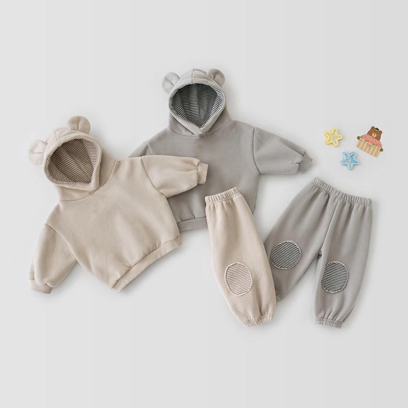 Beige and gray bear ear hoodie and jogger sets
