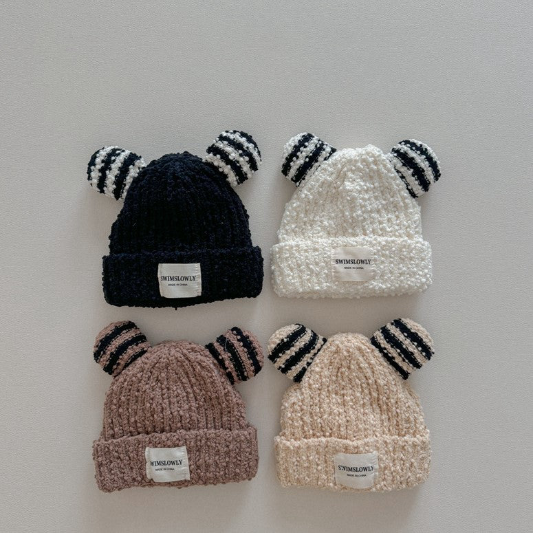 Black, white, brown and beige knit beanies with striped bear ears