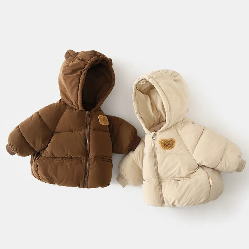 Brown and beige bear puffer jackets side view