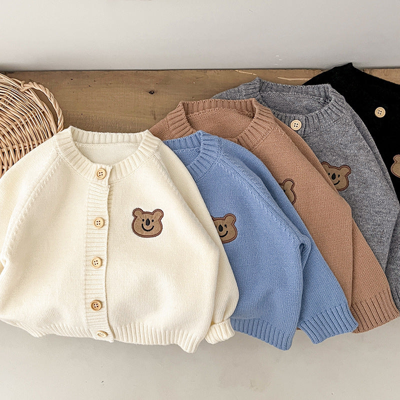 Bear patch knit baby cardigans in five colours