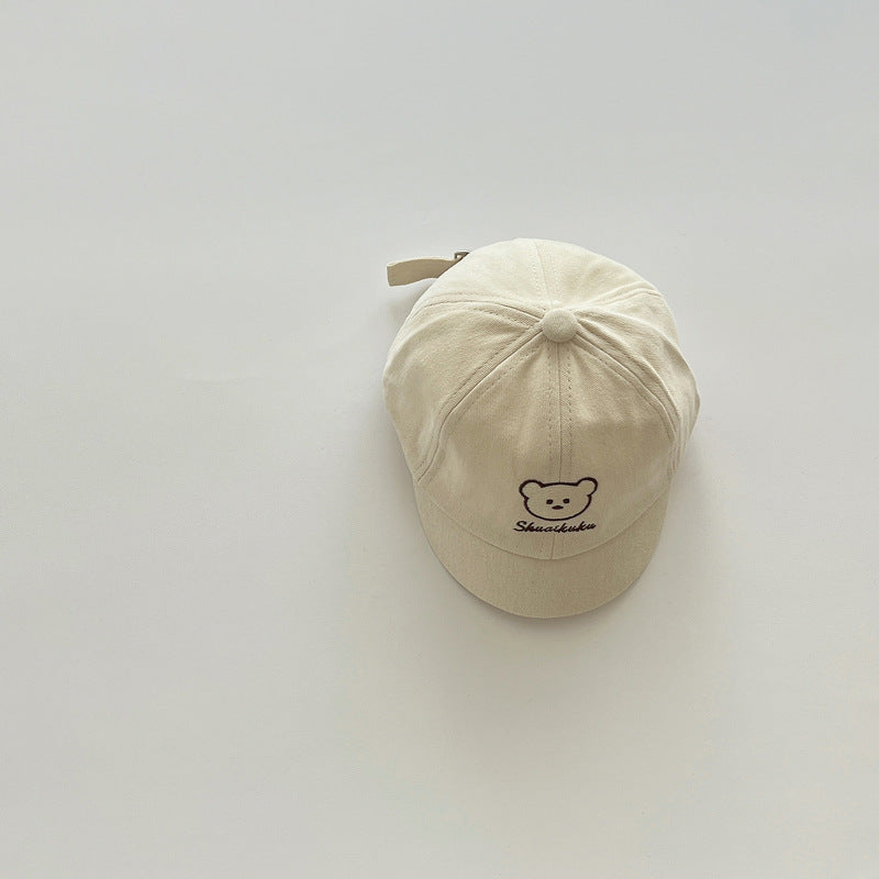 Beige bear embroidered cotton baby cap