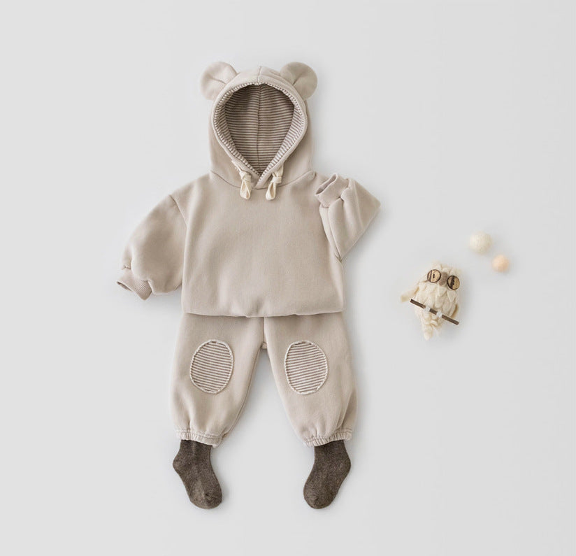 Beige bear ear hoodie and joggers with brown shoes