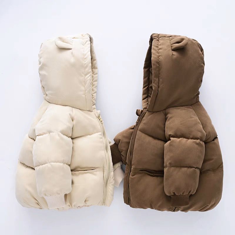 Beige and brown puffer jackets, back view