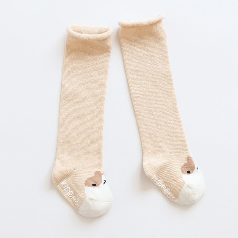 Beige knee high baby socks with bunny faces