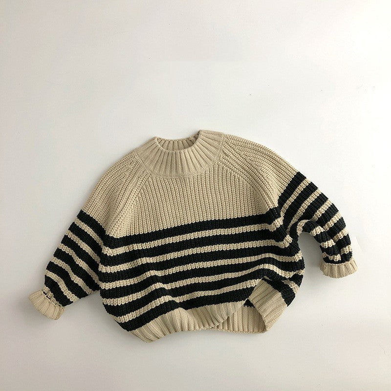 Beige chunky knit sweater with black stripes