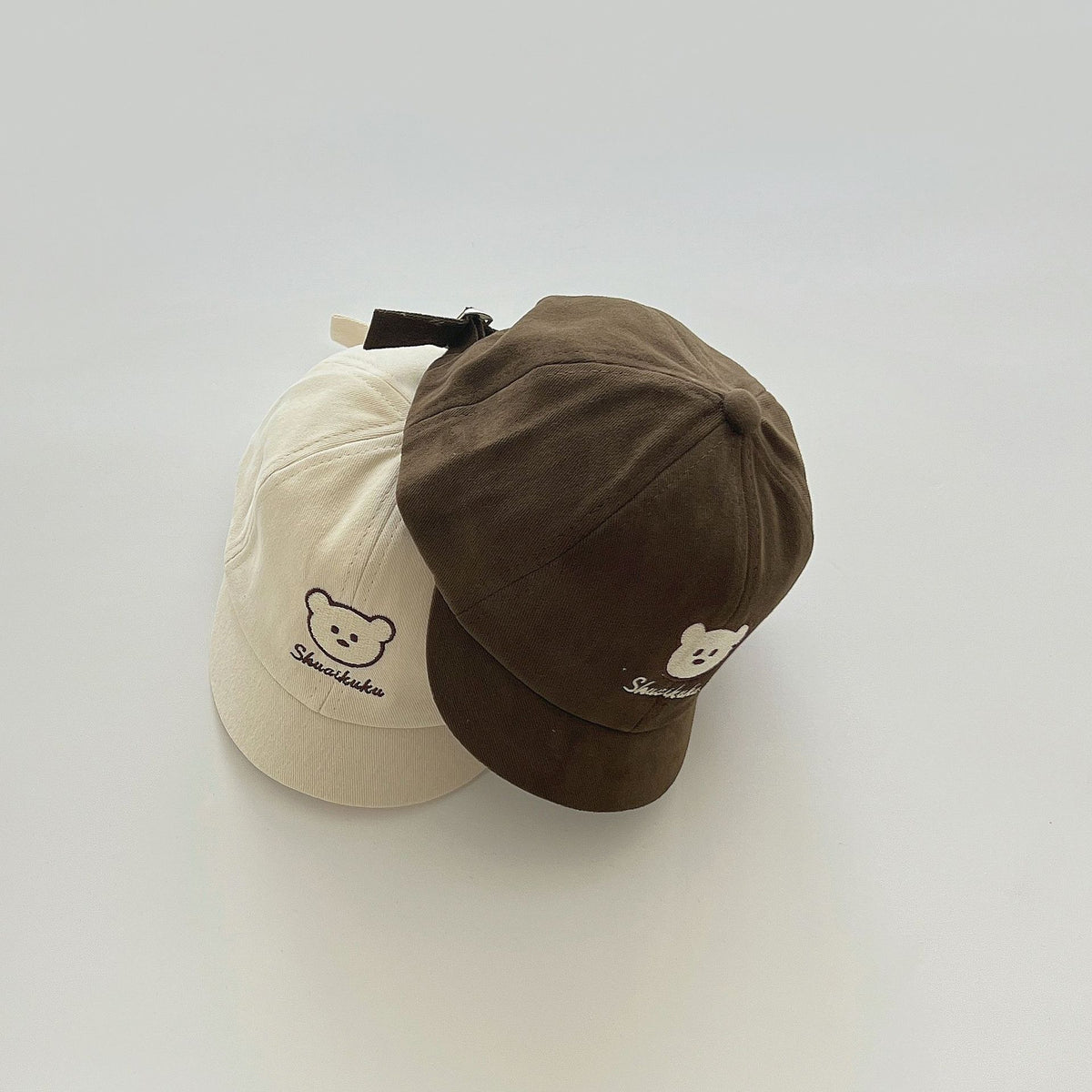 Beige and coffee bear embroidered baby caps