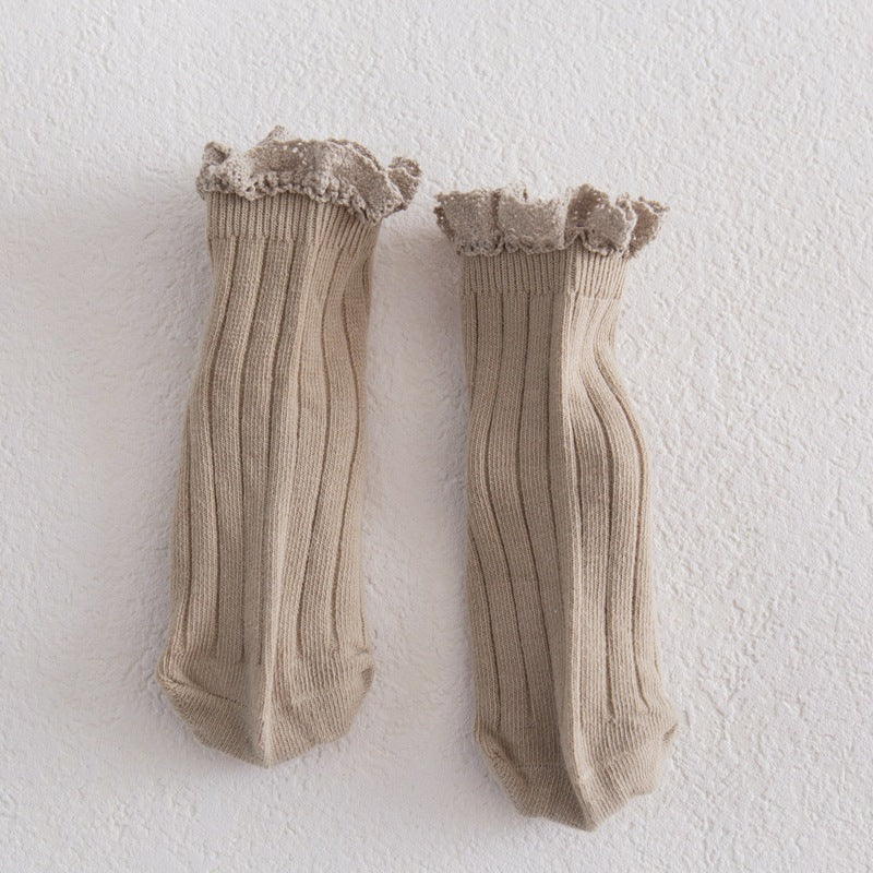 Beige ribbed socks with frill top