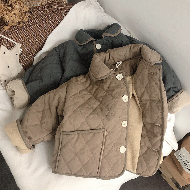 Beige and dark gray quilted coats layered