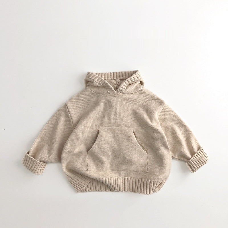 Beige knitted baby hoodie with kangaroo pocket