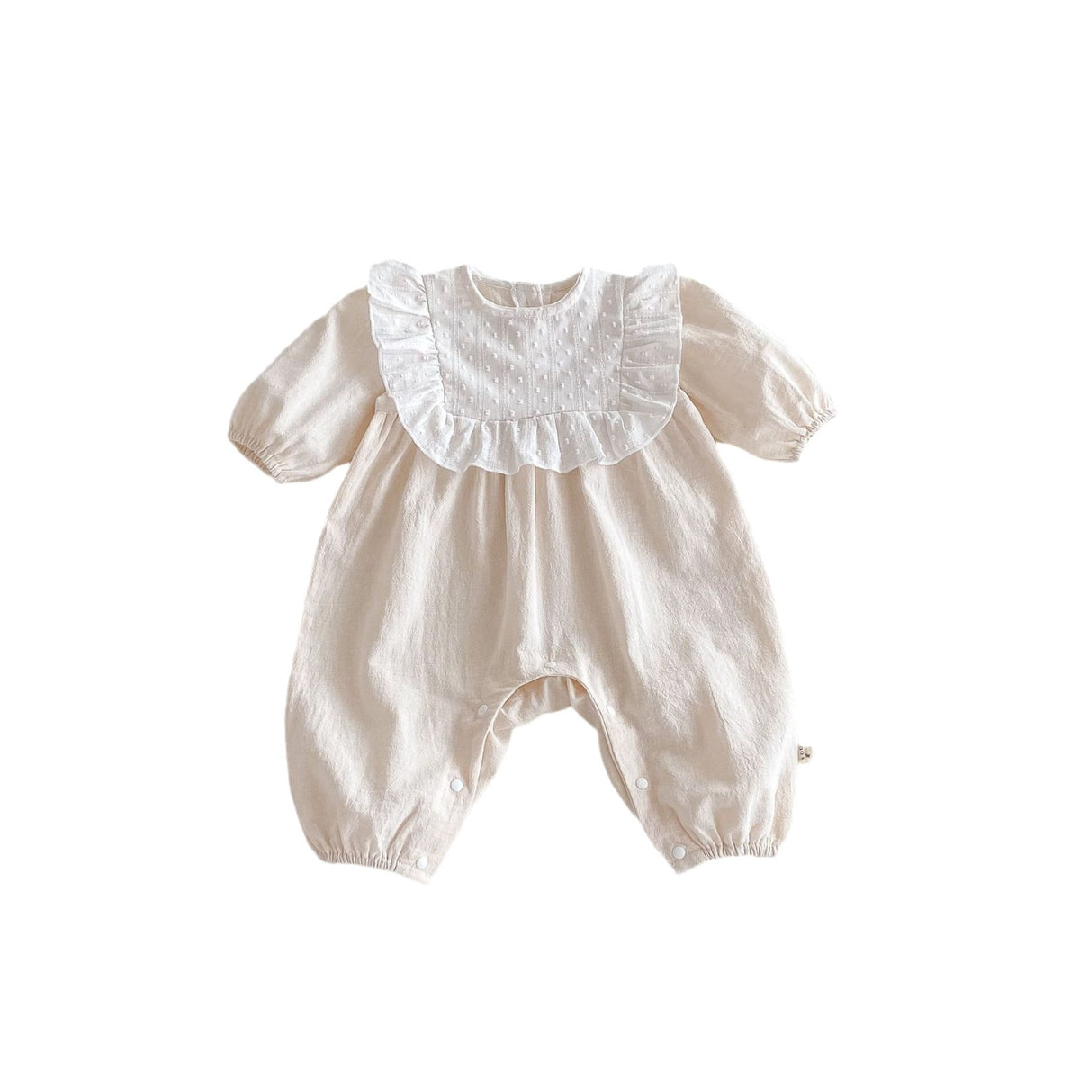Beige lace collar baby romper on white background