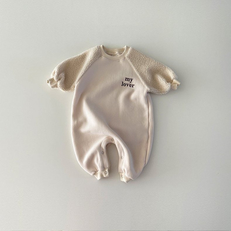 Beige My Lover baby jumpsuit with fluffy sherpa sleeves