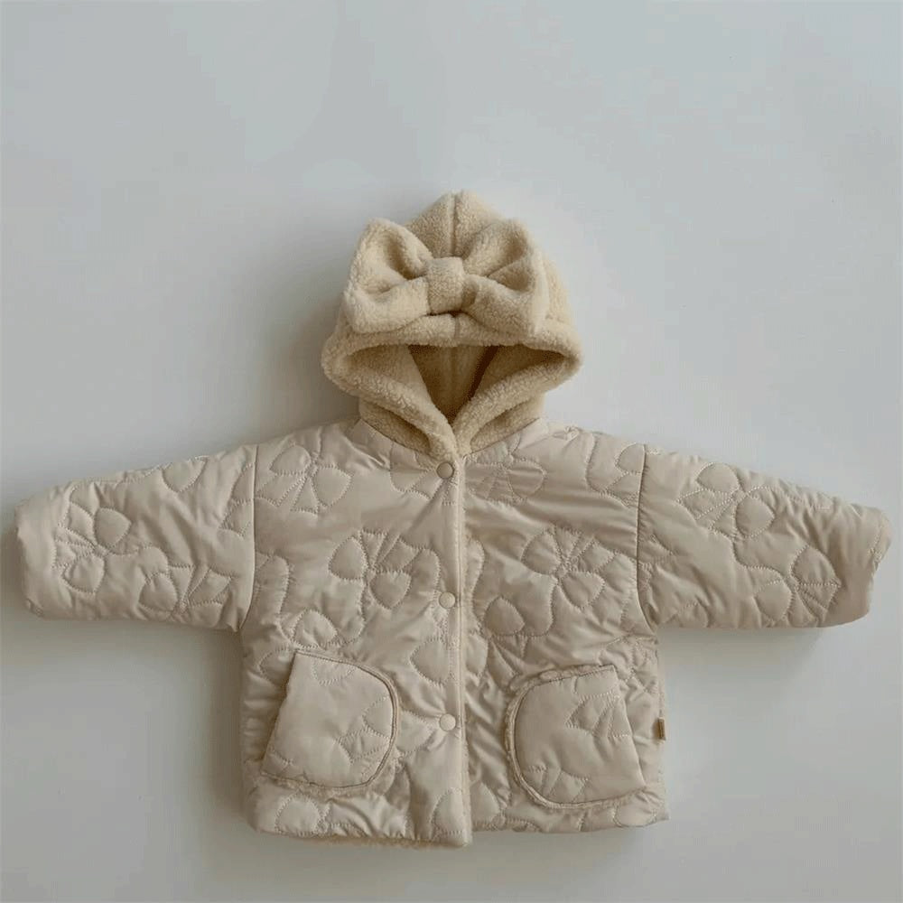 Beige quilted hooded baby jacket with bow and pockets