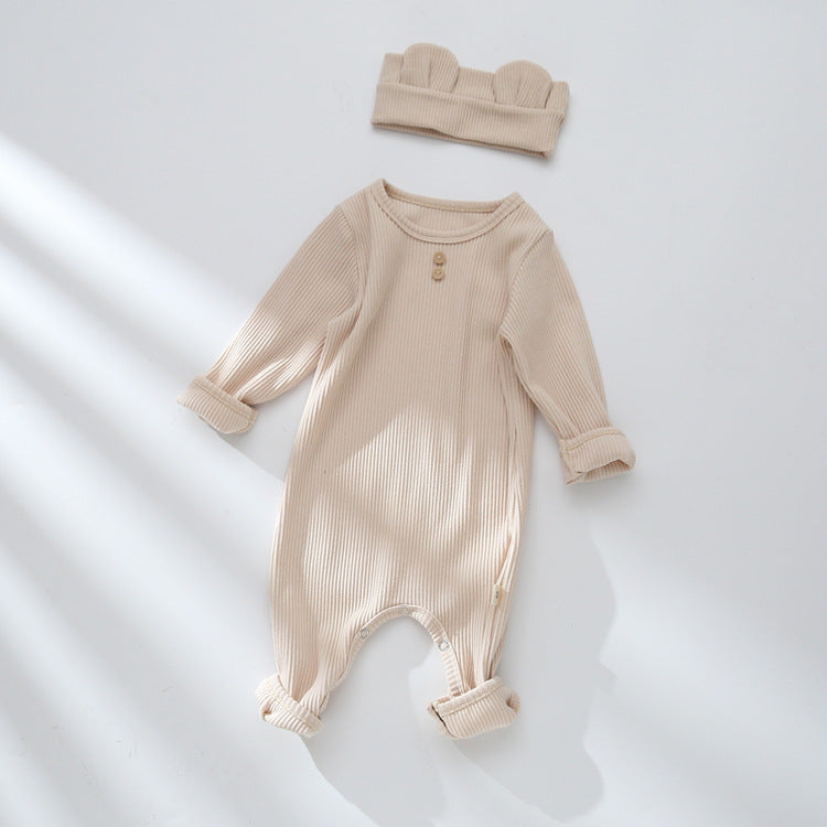 Beige ribbed footed baby jumpsuit with crown headband