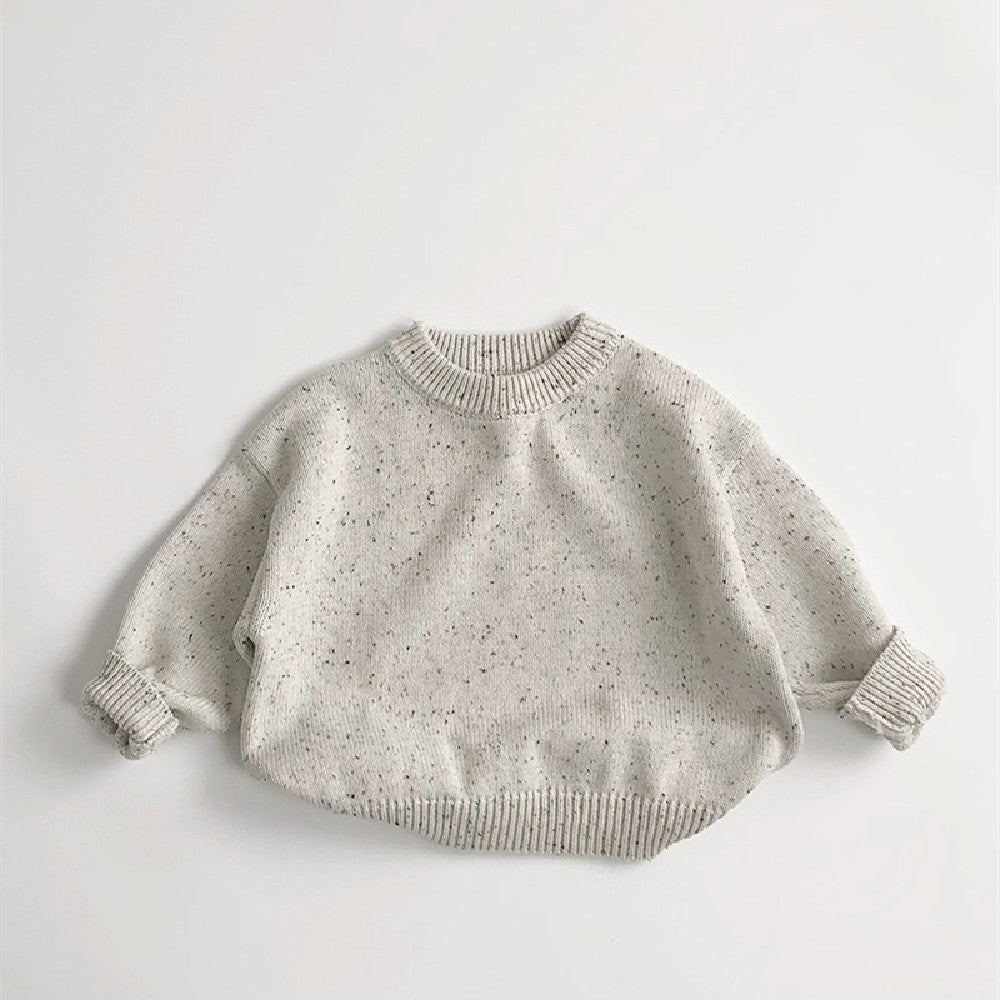 Beige speckled knit crew neck sweater for toddlers