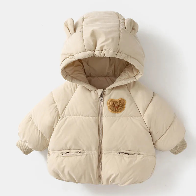 Beige teddy bear hooded puffer jacket with bear ears
