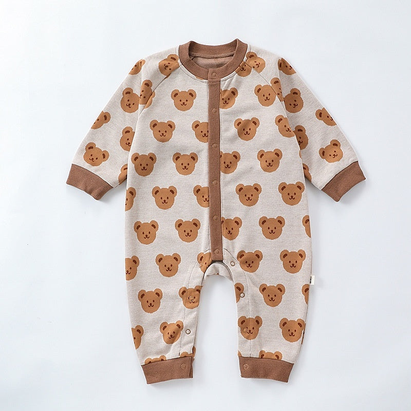 Beige teddy bear knit baby jumpsuit with button front